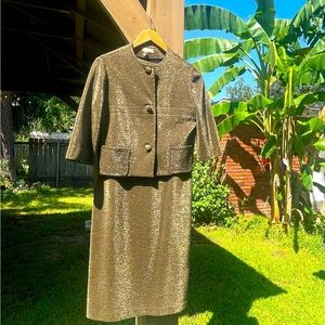 Vintage 50’s metallic gold, hourglass dress & matching bolero jacket w/ pockets